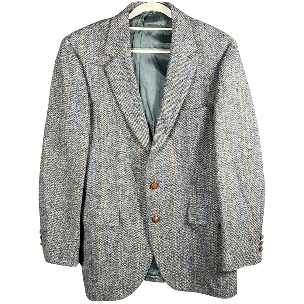 Harris Tweed Sport Coat Mens 42 Blue Brown Herringbone Wool Blazer USA Made